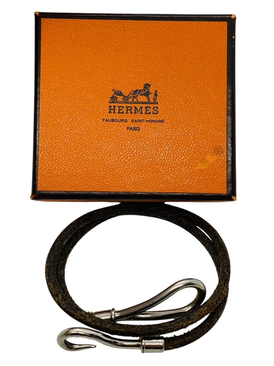 Hermes Jumbo Hook Bracelet Double Wrap Brown Leather Silver Tone