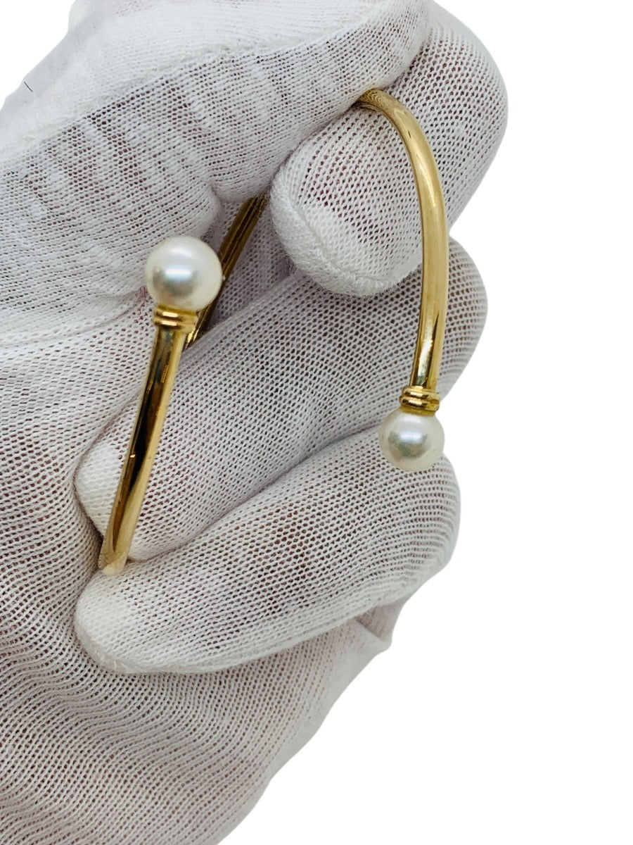 14K Yellow Gold Open Cuff Round Pearl Bangle Bracelet | Size 7 | 3.9g