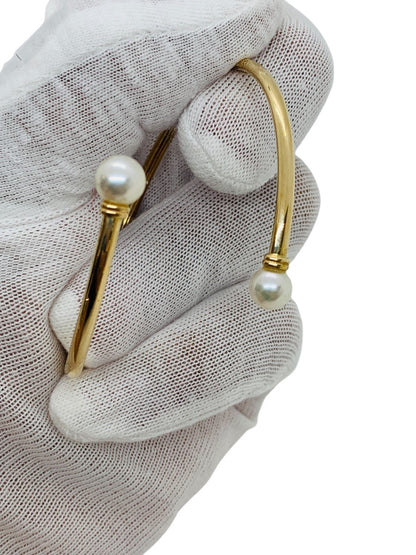 14K Yellow Gold Open Cuff Round Pearl Bangle Bracelet | Size 7 | 3.9g