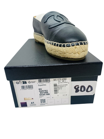 Chanel Espadrille Lambskin Women Black Leather Shoes Size 10