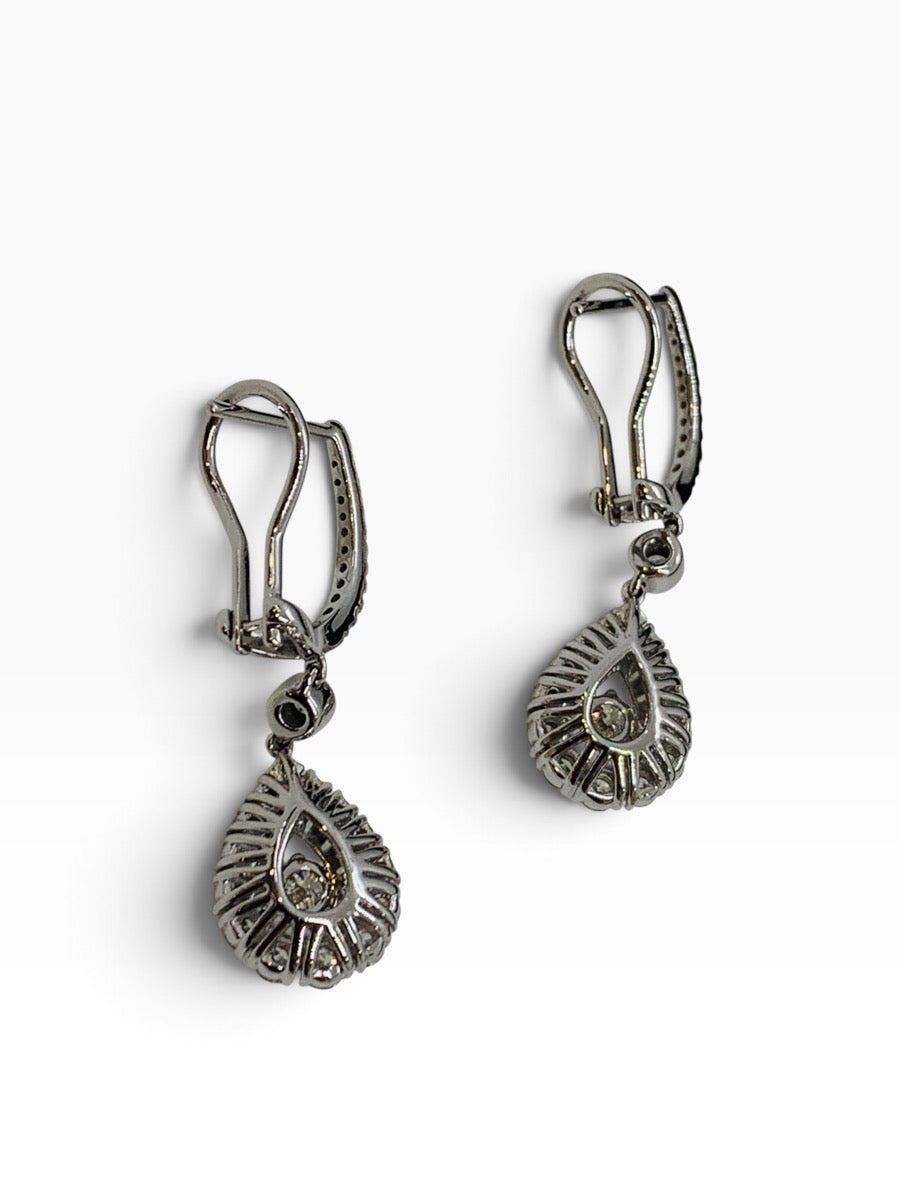 14K White Gold Diamond Dangling Pear Earrings w/ Round Dias .91 TCW | 5.6 Grams