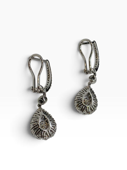 14K White Gold Diamond Dangling Pear Earrings w/ Round Dias .91 TCW | 5.6 Grams