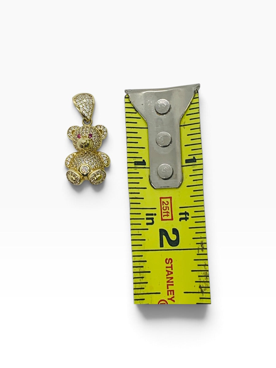 14K Yellow Gold Teddy Bear White/Red Stone Pendant 4.9 Grams | Size 1" x .5"