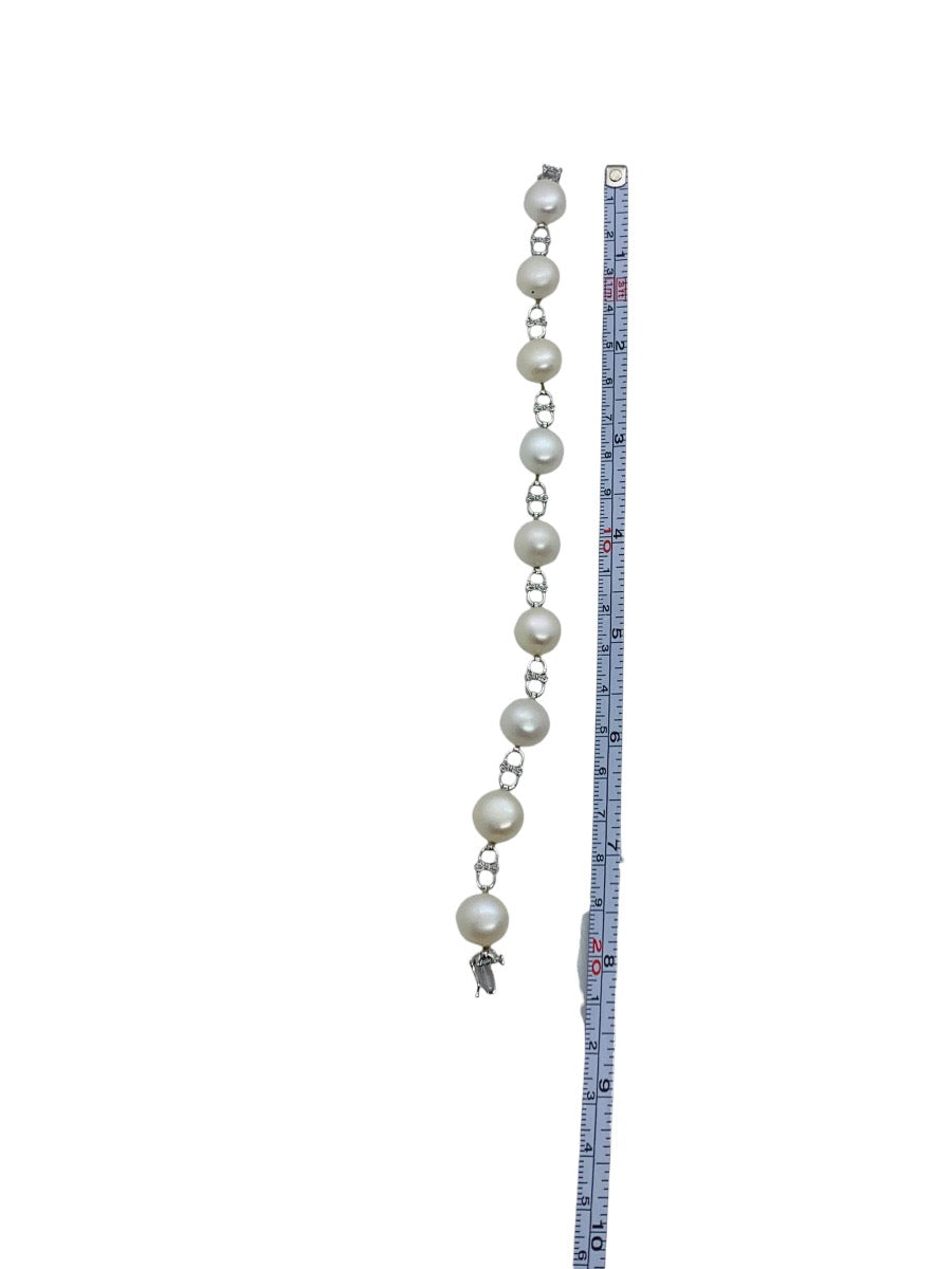 14K White Gold Diamond & Pearl Bracelet Natural Sontes 8" Length Infinity Link