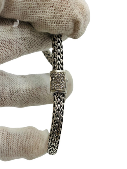 John Hardy Sterling Silver Icon Bracelet 7.625" x 6.5 mm Pave Diamond Clasp