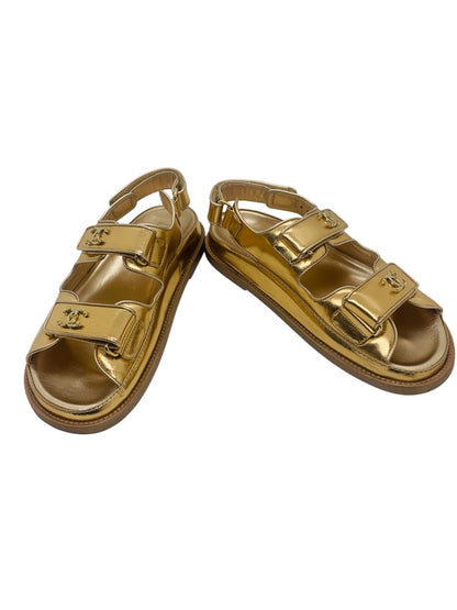 Chanel 22C Gold laminated CC Logo Dad Sandals US Size 7