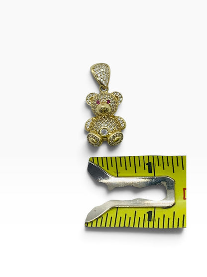 14K Yellow Gold Teddy Bear White/Red Stone Pendant 4.9 Grams | Size 1" x .5"