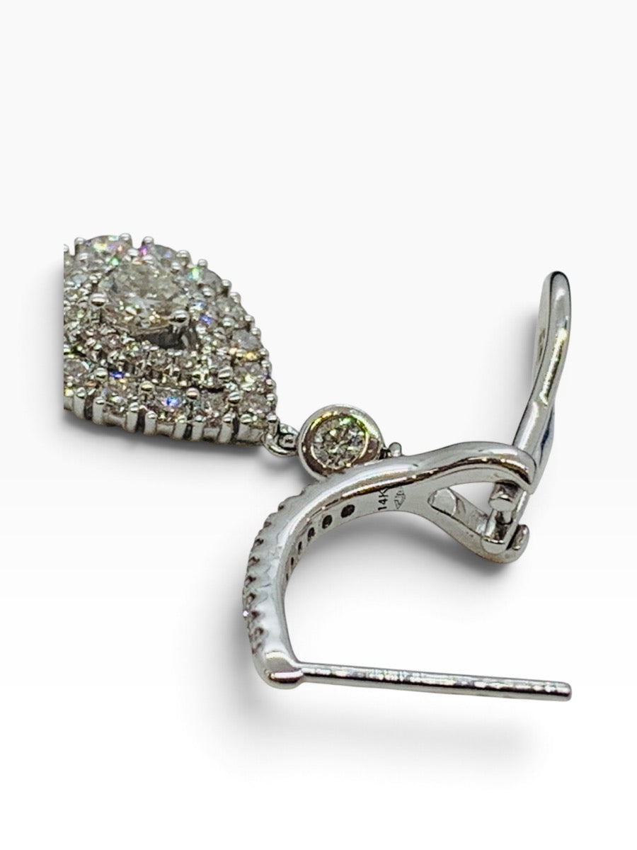 14K White Gold Diamond Dangling Pear Earrings w/ Round Dias .91 TCW | 5.6 Grams