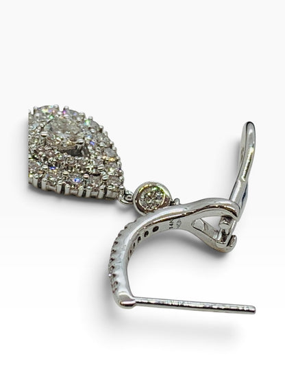 14K White Gold Diamond Dangling Pear Earrings w/ Round Dias .91 TCW | 5.6 Grams