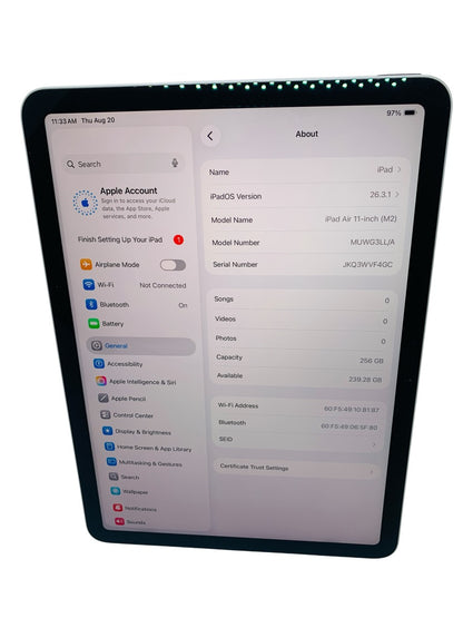 Apple iPad Air 11-inch A2902 256 GB, Wi-Fi Gray Color