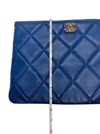 Chanel Quilted Large Zipper Pouch O Case Dark Blue 13"x 9.5"x .05