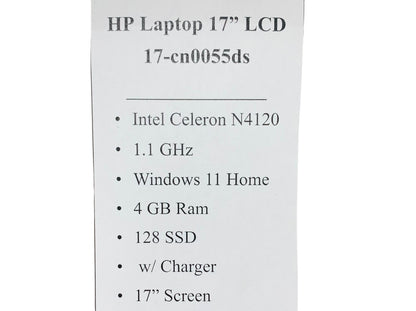 HP Laptop 17" 17-cn0055ds N4120 | 1.1 GHz | 4GB Ram | 128GB SSD | Windows 11 | Blue